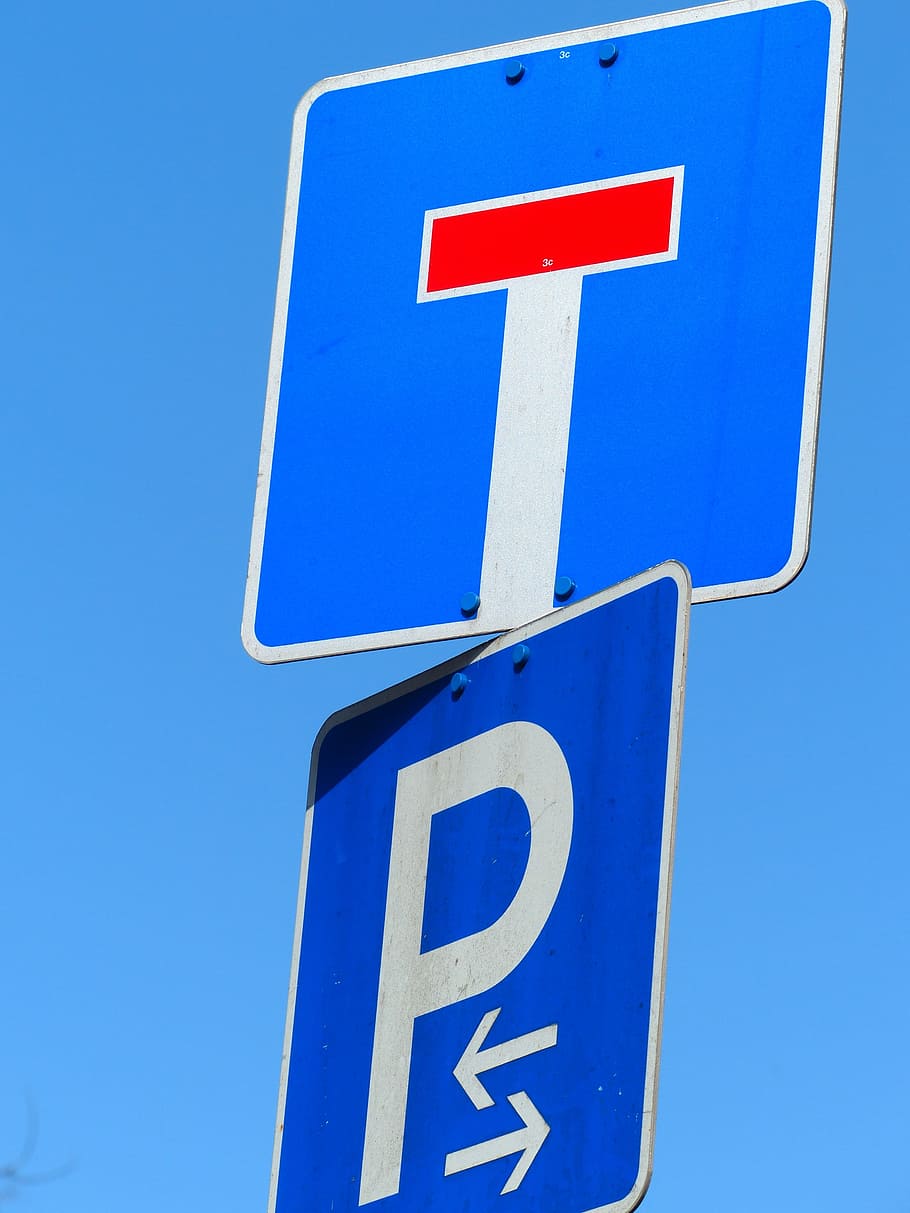 Sinais, beco sem saída, estacionamento, azul, sinais de trânsito, sinal, sinal de estrada, rua, orientação, sinal de estacionamento