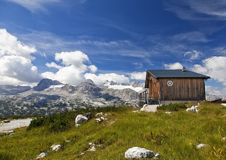 brown, wooden, house, top, mountain, dachstein, alm, alpine hut, alpine, glacier