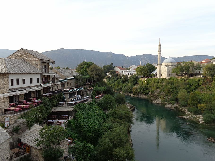 mostar, bosnia, herzegovina, masjid, islam, sungai, kota tua, monumen, pusat kota, arsitektur