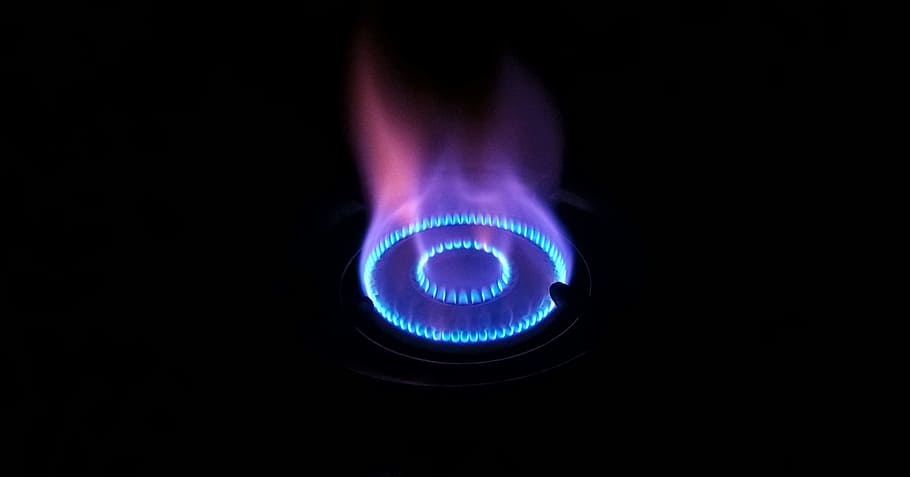 газовая плита, синий, фиолетовый, огонь, газ, сжечь, горячий, энергия, тепло, пламя