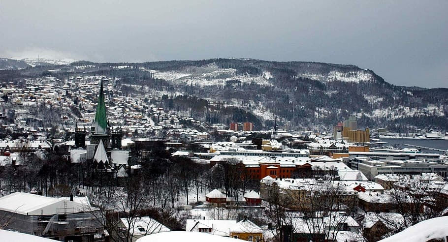 pemandangan kota trondheim, salju, Trondheim, pemandangan kota, Norwegia, 