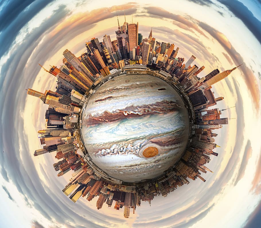 new york city, planet, sky, skyscraper, architecture, indoors, fish-eye lens, circle, geometric shape, shape
