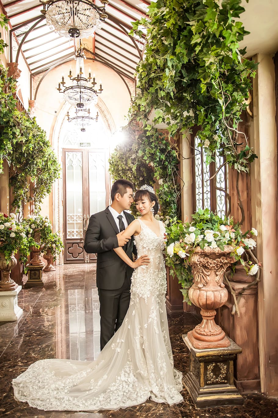 bride, groom, inside, church, surrounded, green, leaf plants, love, wedding, home