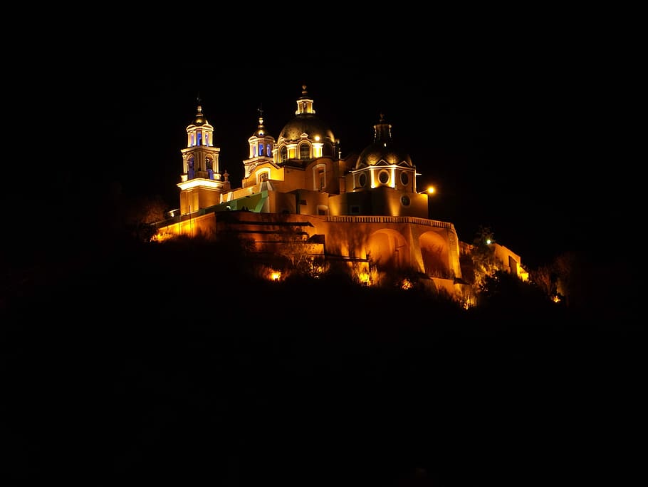 Cholula, Puebla, Church, Pyramid, Mexico, cholula, puebla, architecture, churches, night, building exterior
