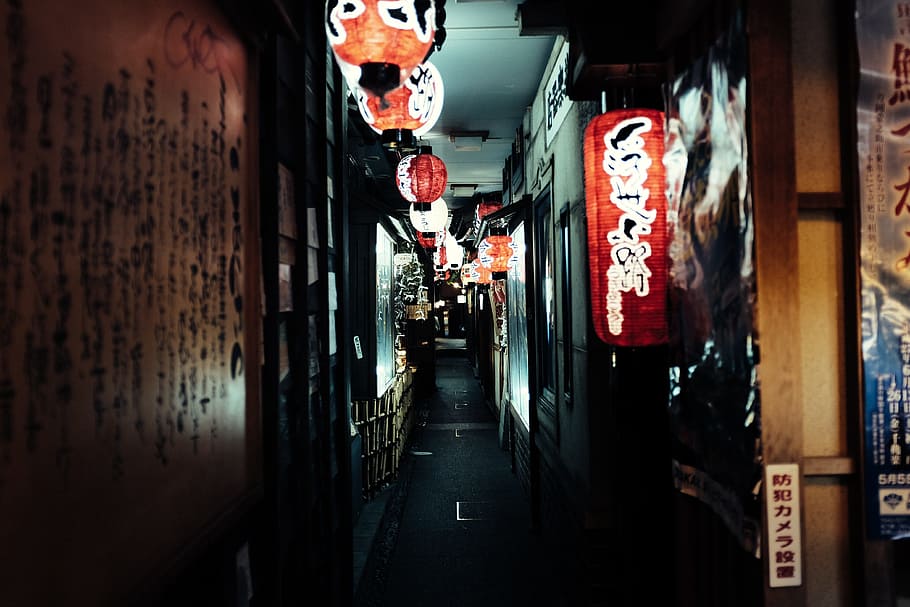 red, paper lantern, ceiling indoors, alley, architecture, asian, building, calligraphy, city, commerce