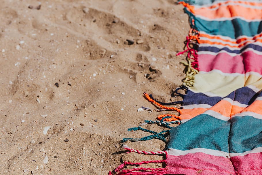 handuk pantai, pasir, Berwarna-warni, pantai, hari, laut, musim panas, santai, kesenangan, cerah