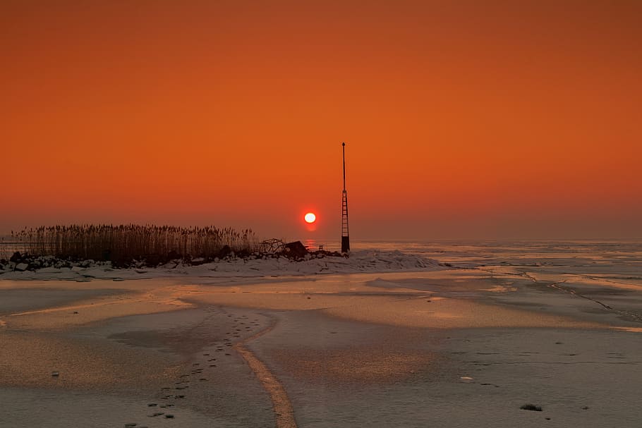 sunset, lake balaton, winter, ice, cold, red, lake, red orange, nature, sky