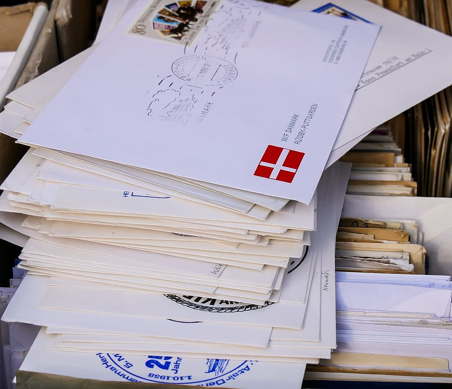 pile, envelops, top, folders, letters, leave, communication, greetings, paper, envelope