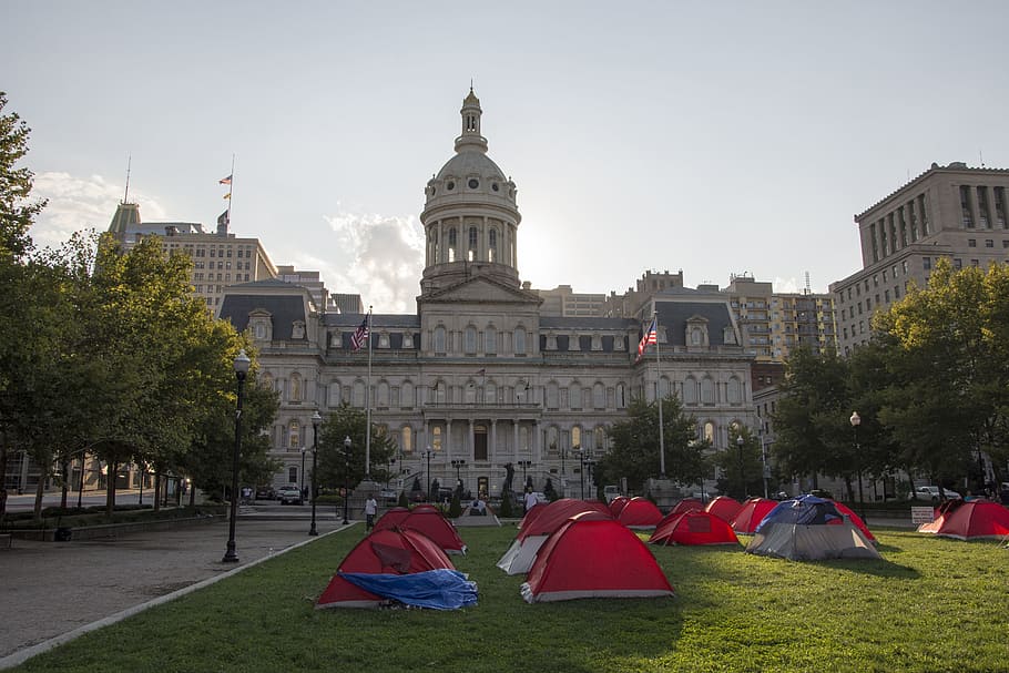 baltimore, city hall, tent city, homeless, lawn, park, urban, downtown, maryland, building