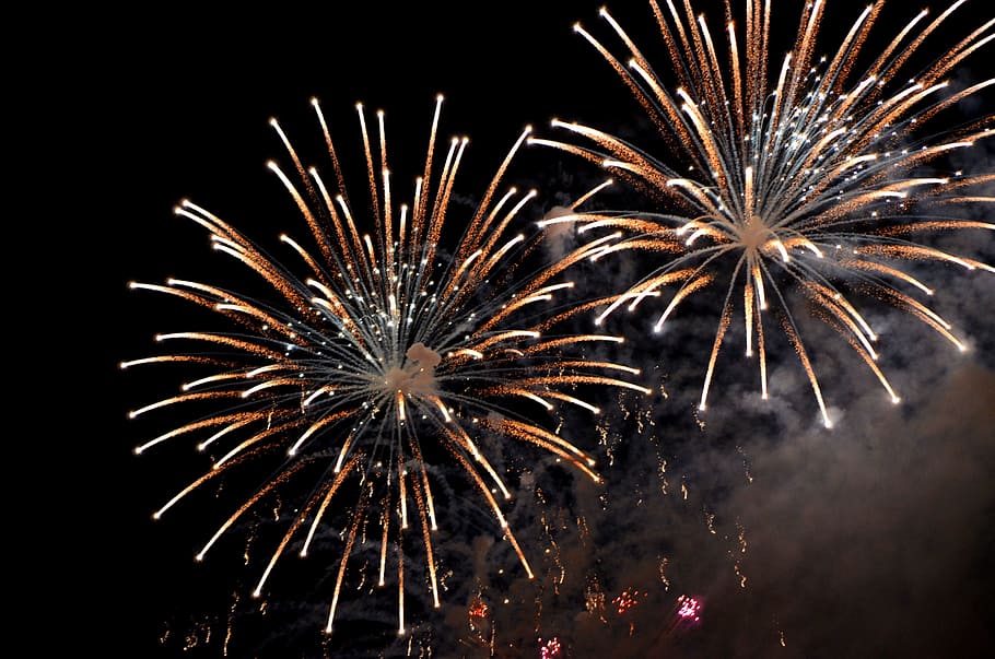orange, white, fireworks, sky, nighttime, flame, firecracker, festival, firework, celebration
