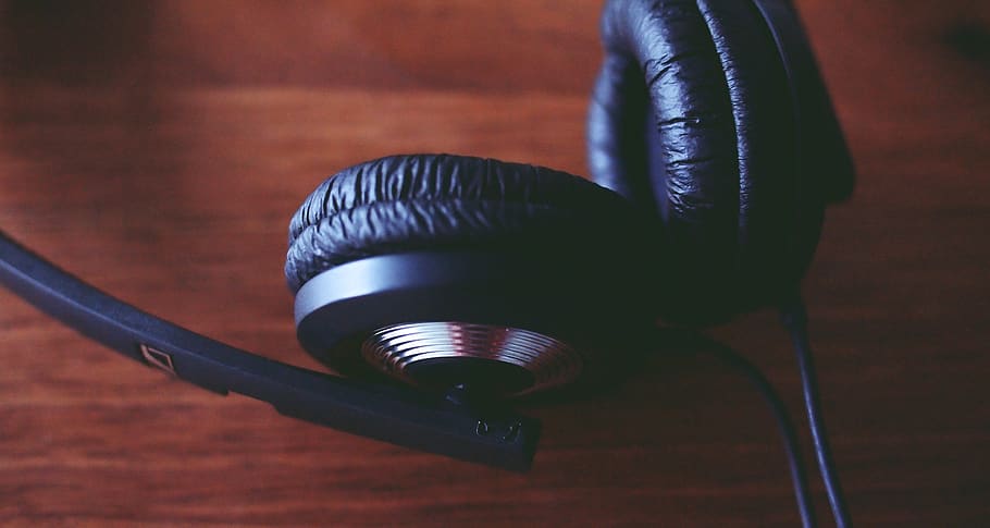 headphones, audio, technology, indoors, close-up, wood - material, still life, focus on foreground, metal, black color