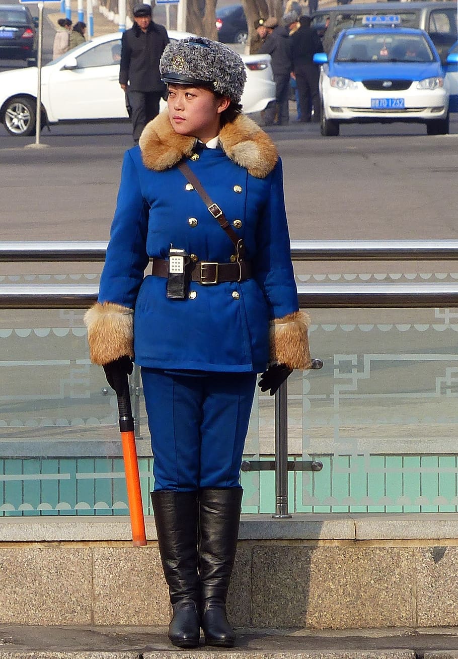 portrait, adult, clothing, human, fashion, north korea, traffic police, woman, face, girl