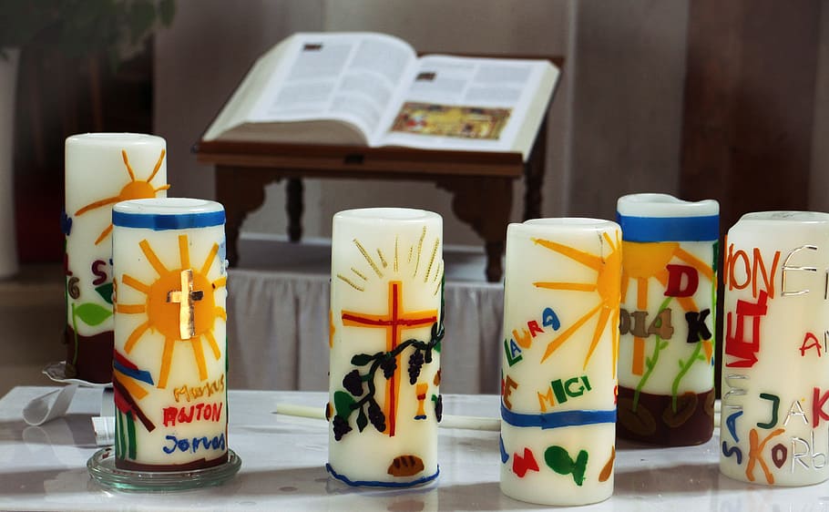 Communion, Candles, Symbol, communion candles, church, religion, easter candles, reflection, memorial lights, indoors