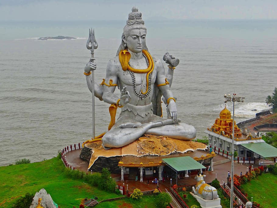 aerial, view, shiva statue, murudeshwar, arabian sea, karnataka, gopuram, konkan, shiva, india