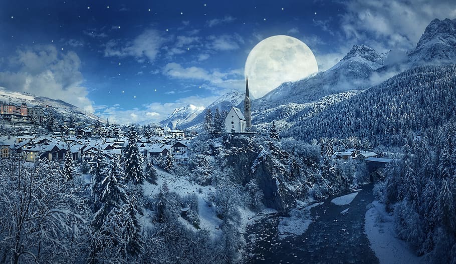 village, covered, snow, tress, mountain, full, moon, winter, night, mountains
