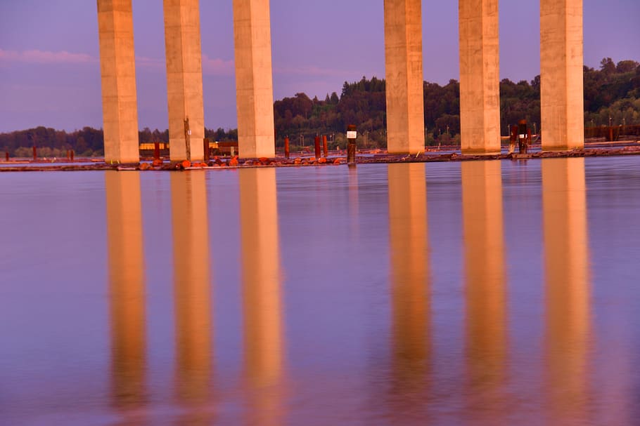 bridge pillars, water reflections, structure, landscape, sunset scenery, scenic, site seeing, beauty, dusk, sundown