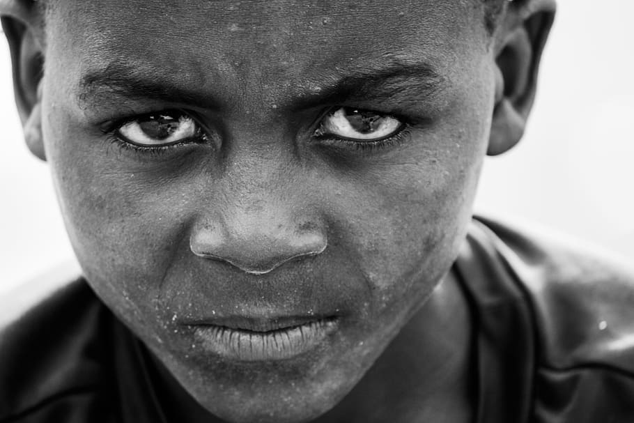 grayscale photography, boy face, boy, african, africa, child, portrait, culture, ethnicity, tribe