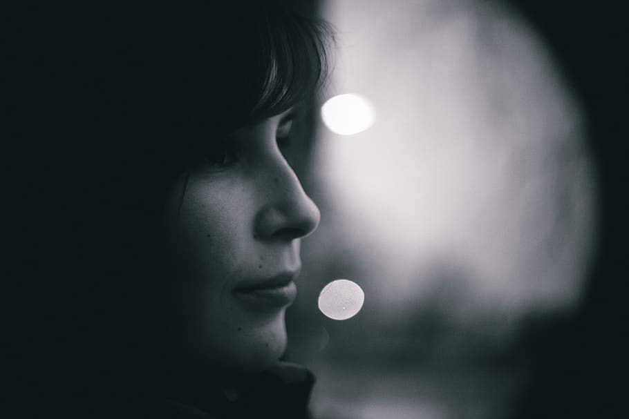 people, girl, lady, face, black and white, bokeh, portrait, one person, headshot, close-up