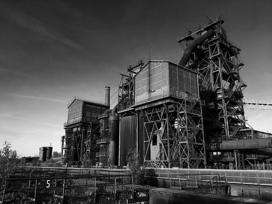 industrial, black white, factory, architecture, industry, building exterior, built structure, sky, low angle view, nature
