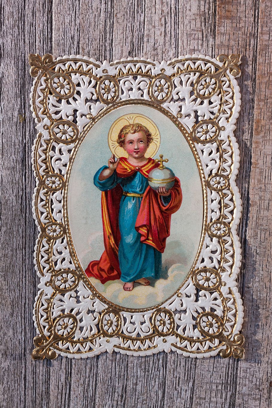 devotional picture, santino, top edge, gold, jesus, boy, flower, lily, old, antique