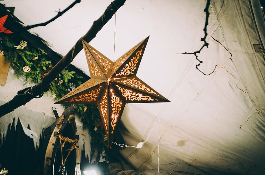 brown, star, hanging, stick, christmas, holiday, festival, christmas tree, decoration, light