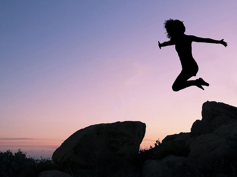 silhouette, girl, jumping, front, rock, leaping, girl leaping off rock, jump, young, female