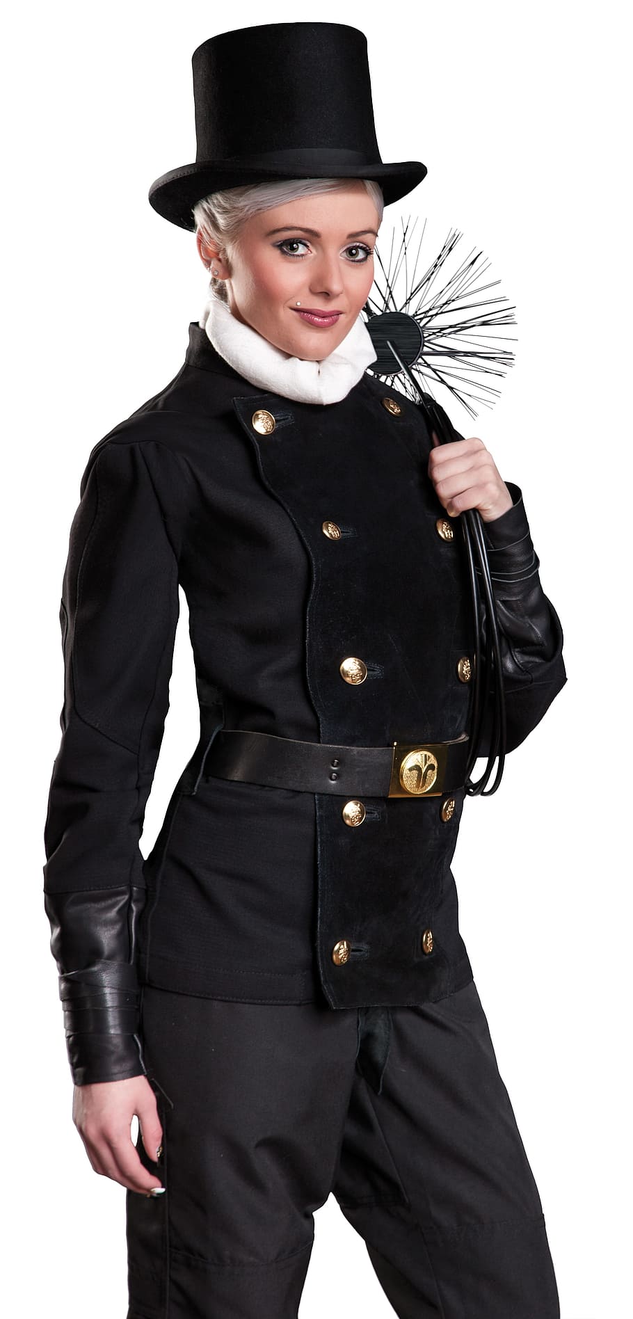woman, holding, black, leather whip, chimney sweep, girl, clothing, studio shot, white background, front view