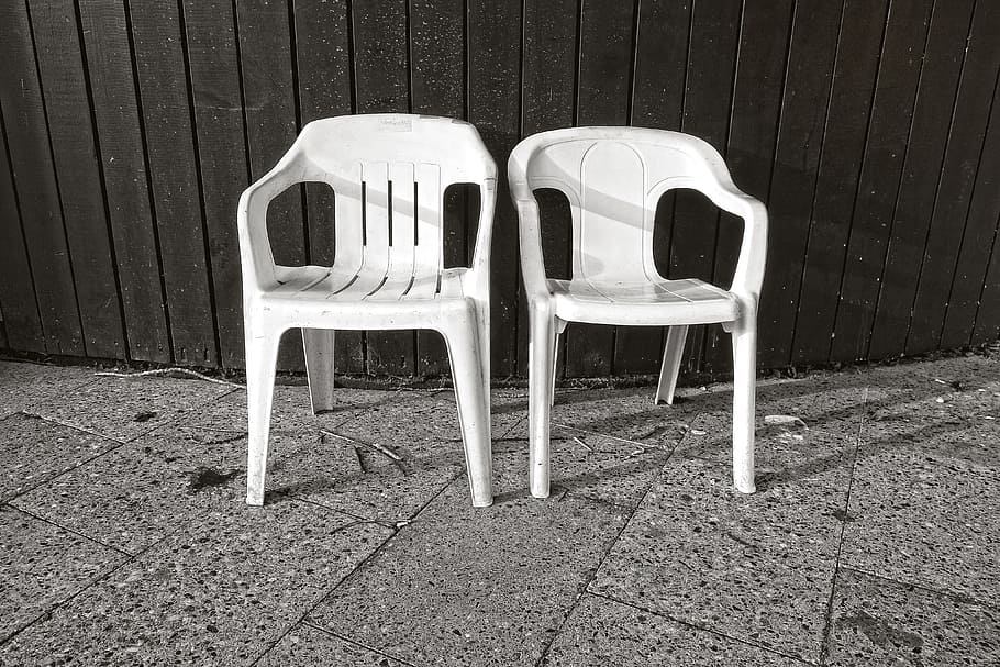 chair, garden chair, white chair, plastic chair, seat, furniture, garden furniture, white plastic garden furniture, two chairs, patio