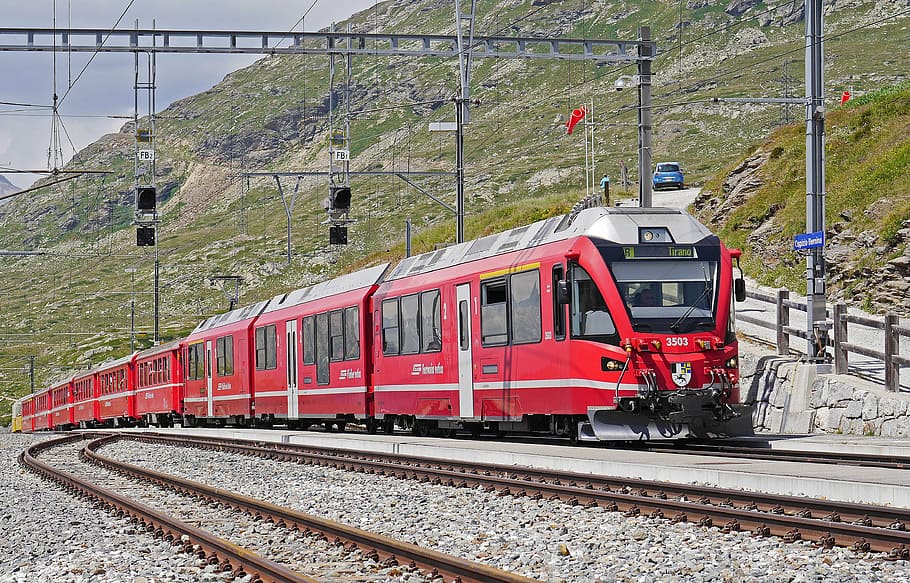 red train, bernina railway, regional train, pass, ospizio bernina, gateway, vertex, bernina pass, railway station, svizzera