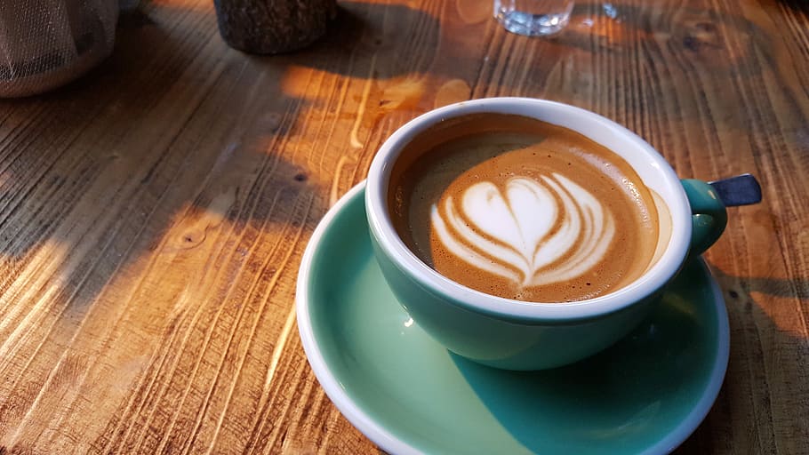 heart latte art, coffee, cup, drink, wood, espresso, hot, table, caffeine, breakfast