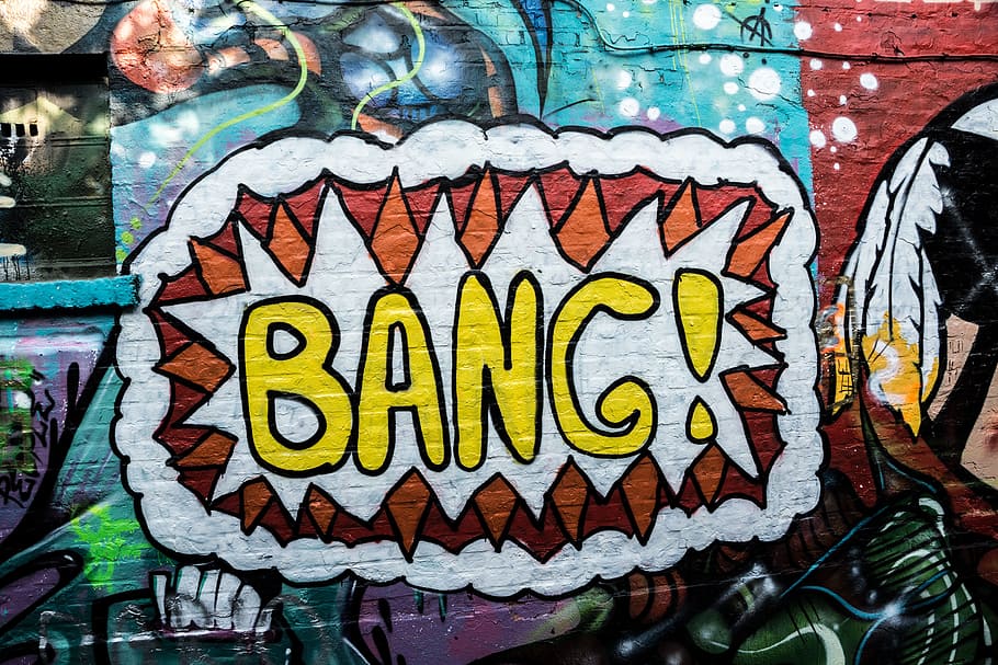 bang wall art, graffiti, art, building, murals, industry, crash, break up, bang, artists