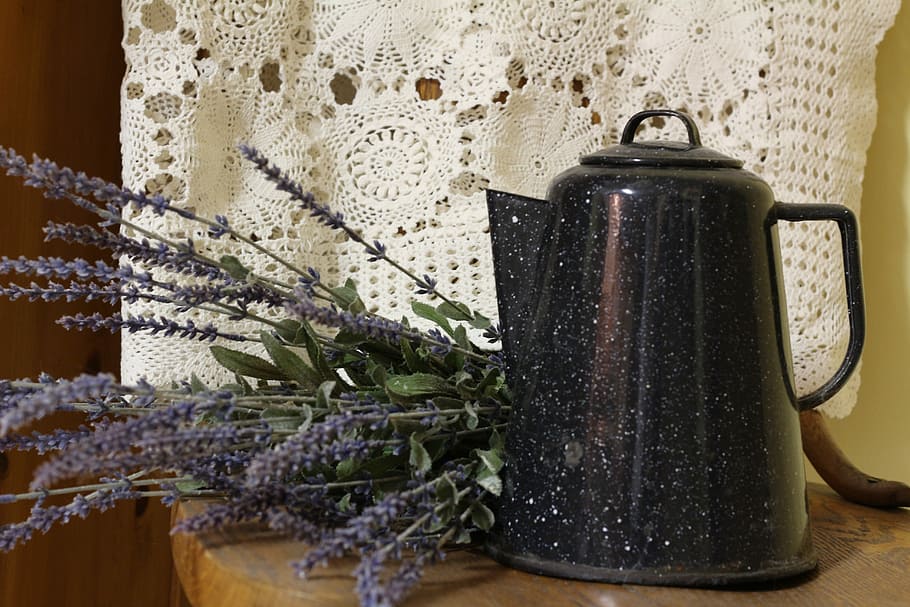 black, ceramic, pitcher, lavender, flower, Lace, Decor, Kettle, Vintage, Ornament
