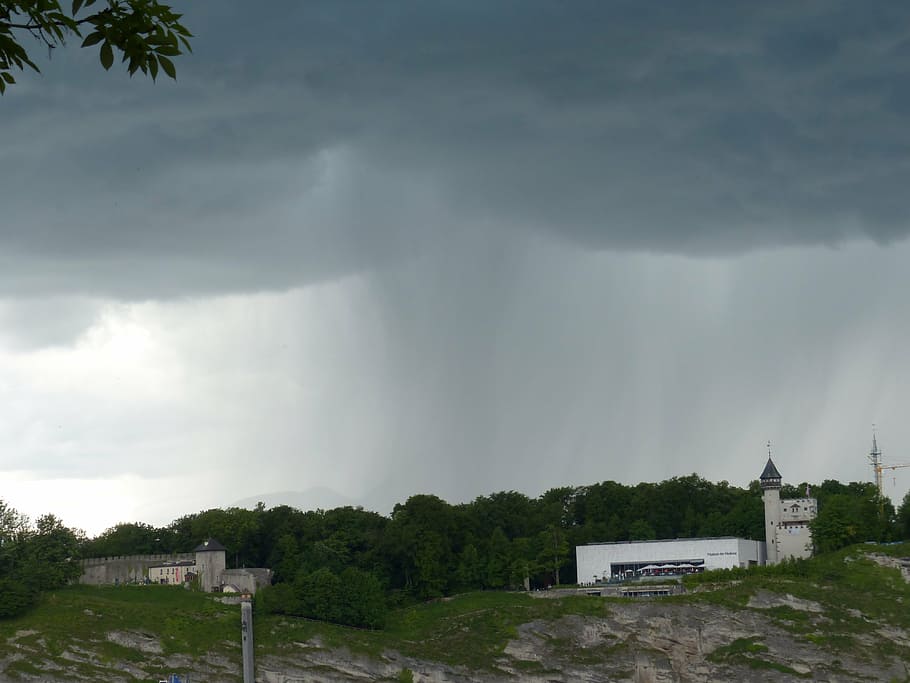 mönchberg, museum of modern, salzburg, thunderstorm, storm, rain, rainstorm, museum, rain clouds, strömender rain