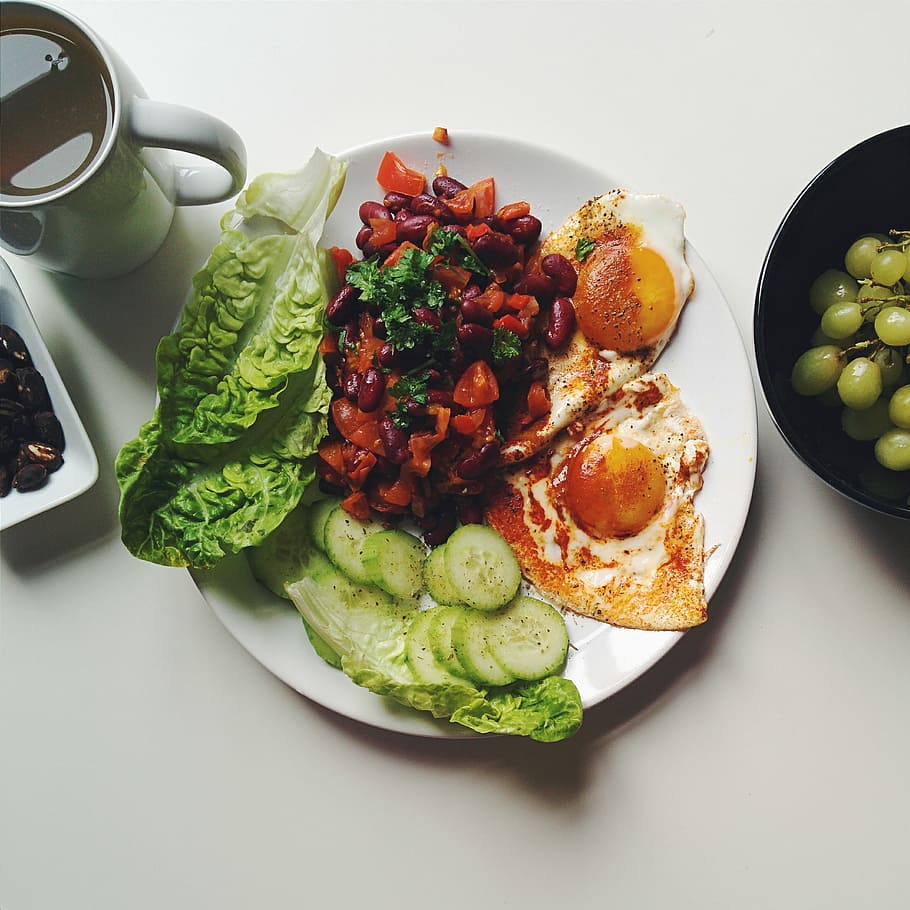 healthy, breakfast eggs, beans, vegetables, Proper, breakfast, eggs, brunch, cucumber, lettuce