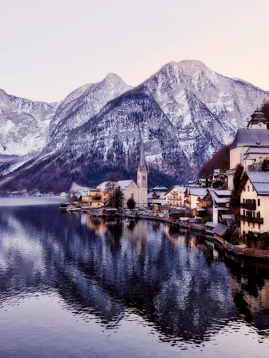 scenery, towns builindg, Hallstatt, Austria, Village, Town, hallstatt, austria, buildings, mountains, water