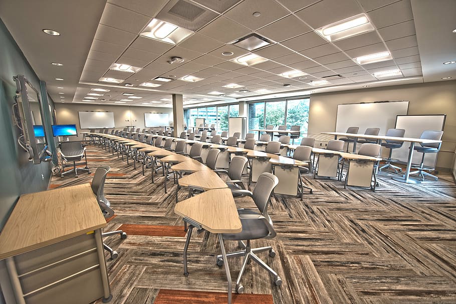 gray, writing, chairs, inside, lighted, room, lecture, lecture hall, classroom, study