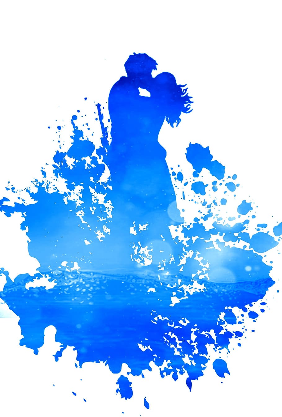 Pintura, azul, ilustración de pareja, pareja, amor, mar, océano, mujer, feliz, gente