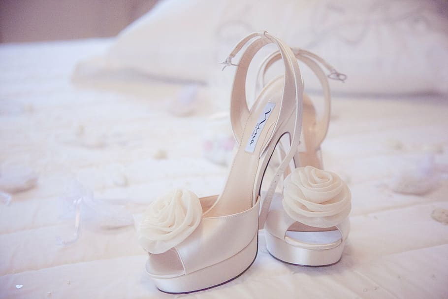 pair, white, peep-toe slingback pumps, shoes, wedding dresses, sugared almonds, bed, fine, heel, shoe