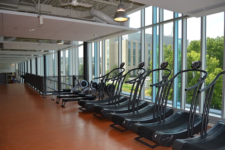 hitam, treadmill, jelas, jendela kaca, kaca, jendela, gym, peralatan olahraga, treamills, berolahraga