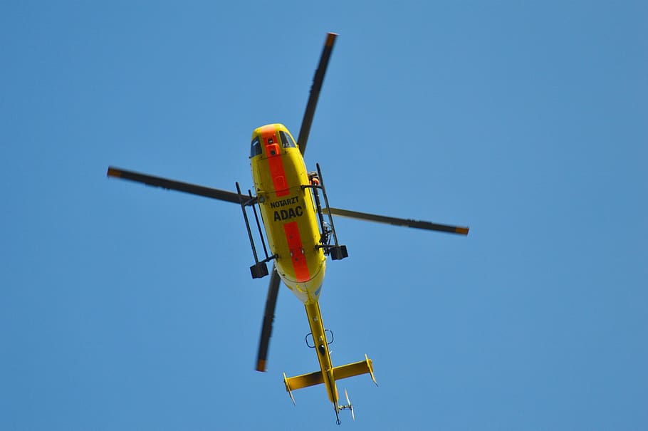 adac, helicopter, doctor on call, rescue helicopter, rescue, air rescue, flying, yellow angel, sky, rescue flight monitors