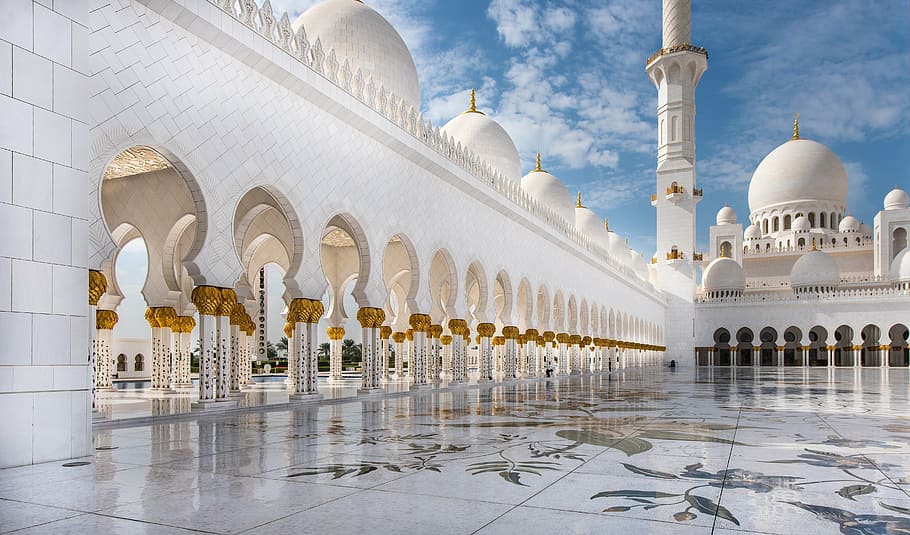 branco, mesquita, azul, céu, Abu Dhabi, viagem, arquitetura, oriente, cúpula, destinos de viagem