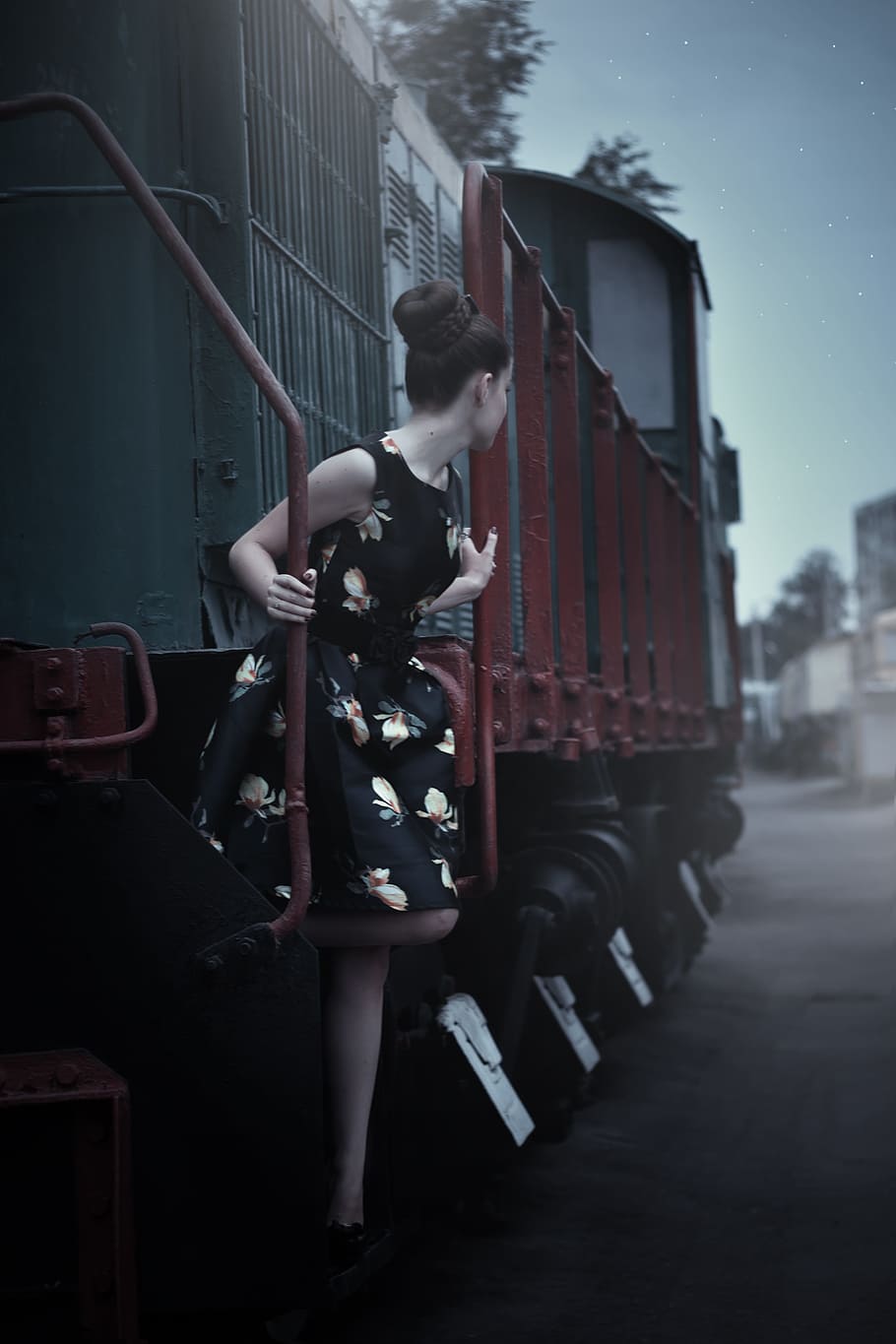 woman, black, brown, floral, sleeveless mini dress, red, green, locomotive train, pin up girl, retro
