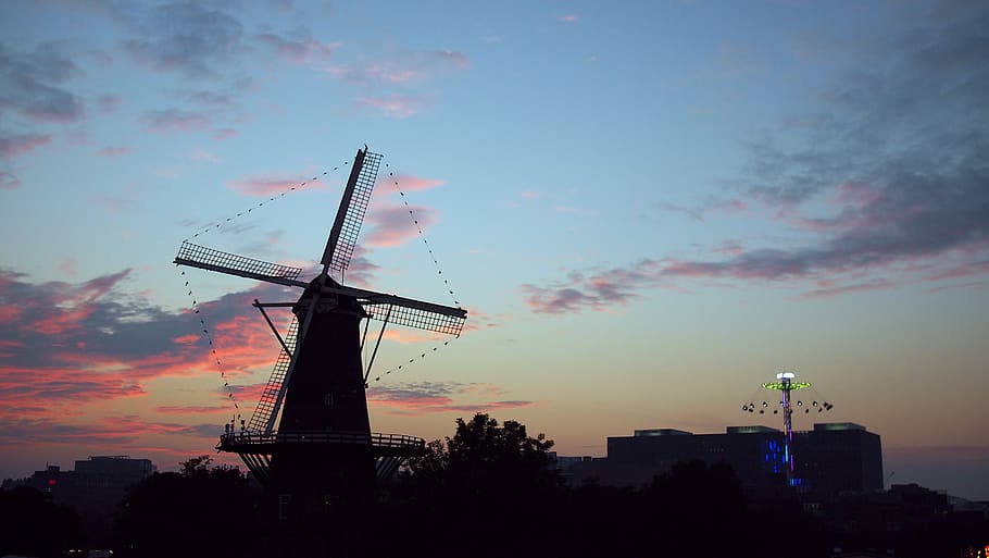 windmill, netherlands, holland, sky, night city, dutch, landscape, nature, mill, countryside