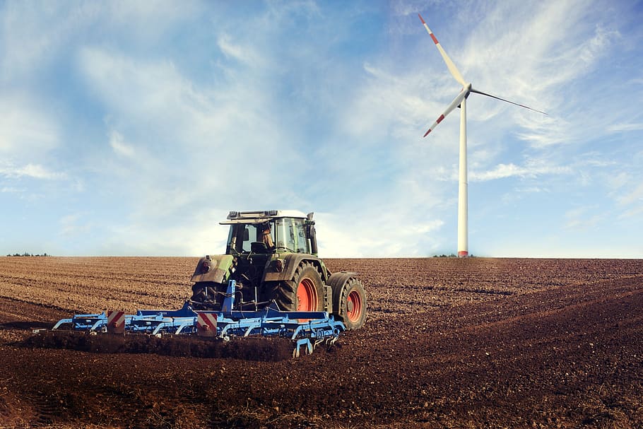 tractor, cultivator, field, turbine vent, distant, agricultural machine, pinwheel, blue, summer, fieldwork