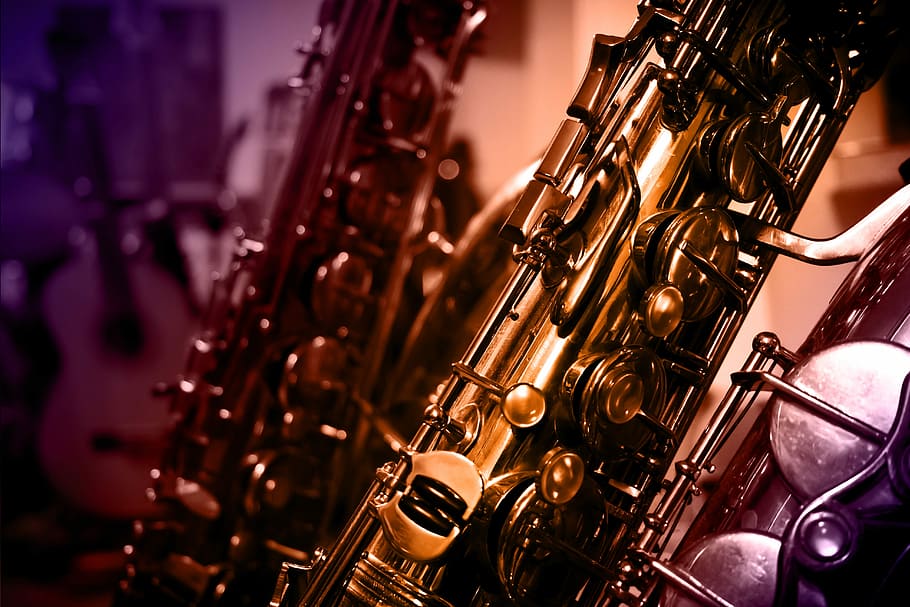 close-up, brass-colored saxophone, instrument, music, design, artwork, saxophone, musical instruments, musical, entertainment