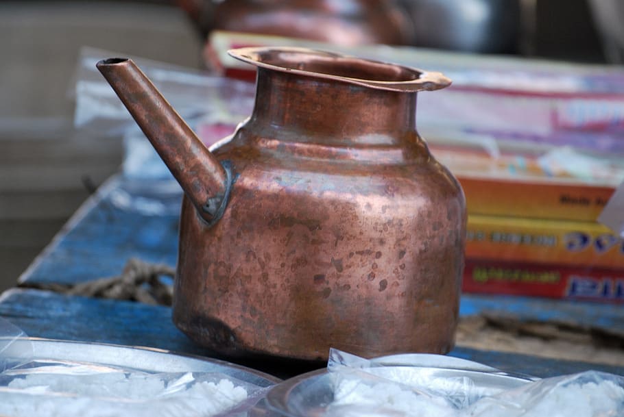 tea pot, pot, cultural, copper, kitchenware, pour, traditional, drink, tea, rajasthan