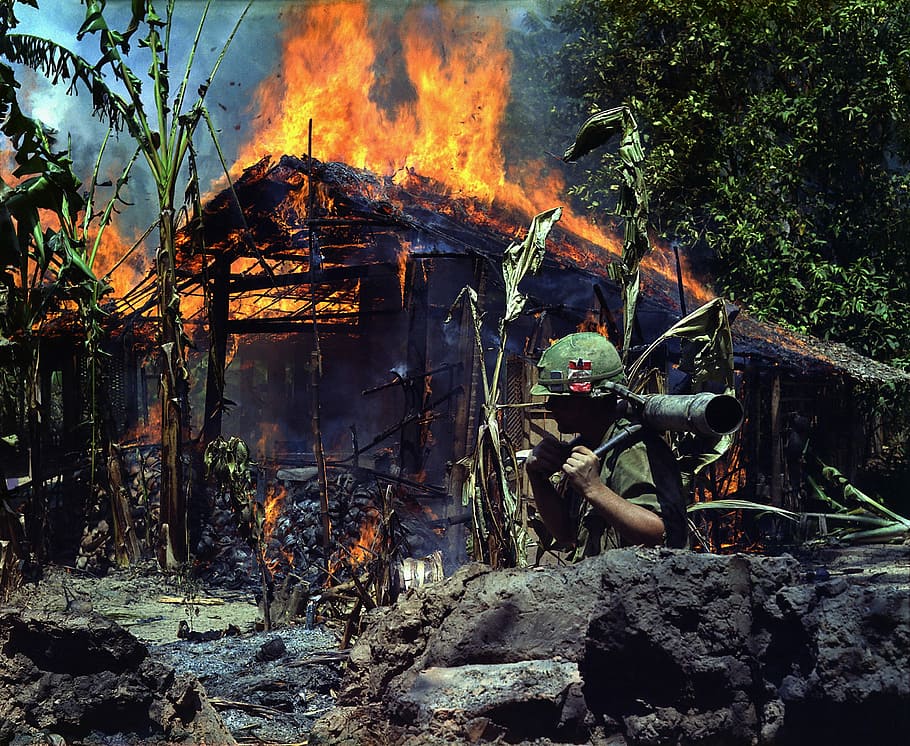 house, fire, tree, daytime, War, Flamethrower, Soldier, Bazooka, rocket launcher, vietnam