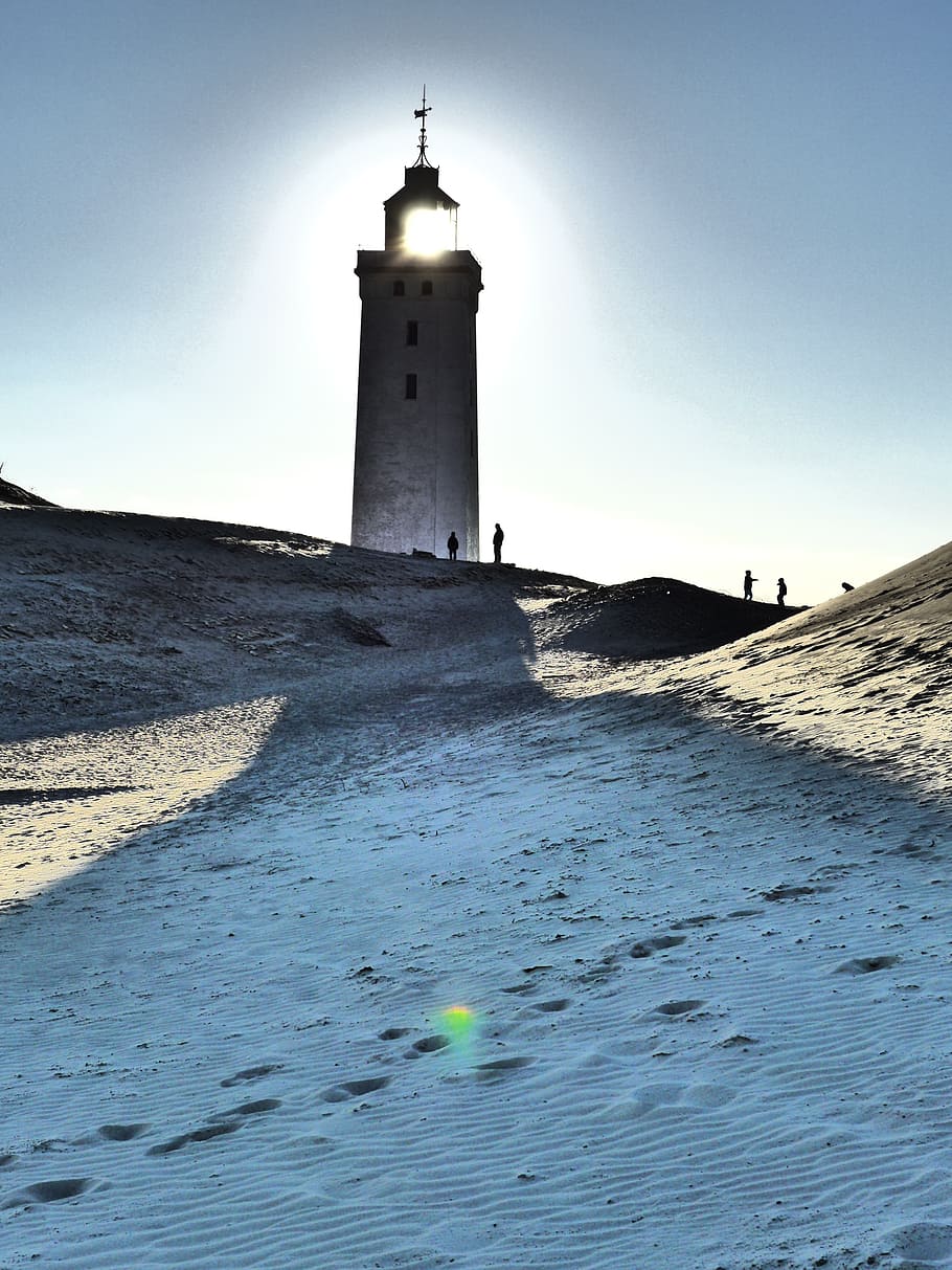 lighthouse, lønstrup, denmark, light, sand, tower, footsteps, desert, landscape, dune