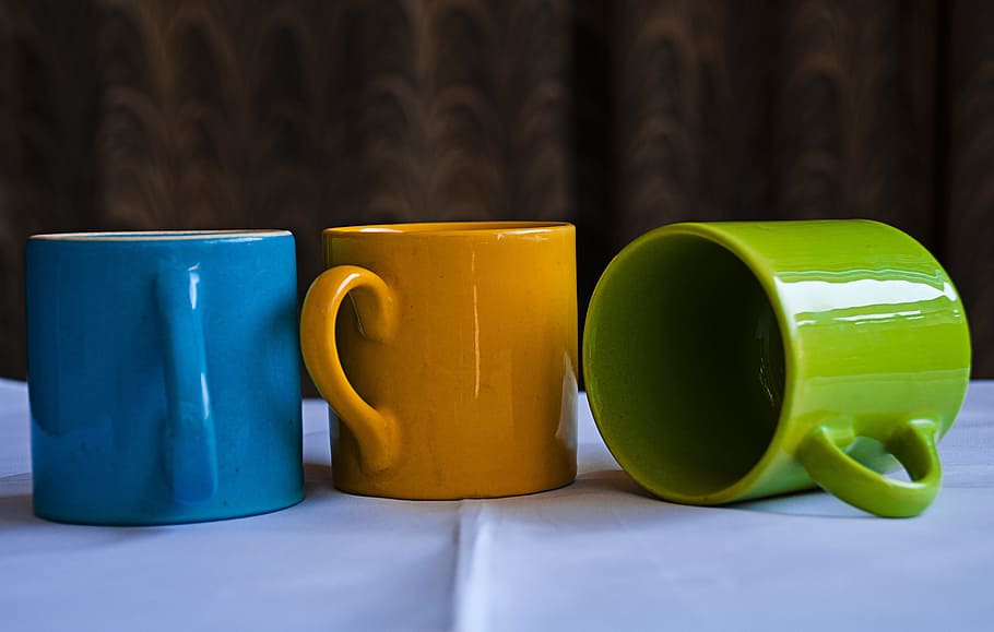 Mugs, China Clay, Chinaware, Cup, blue, green, orange, pottery, clay, china