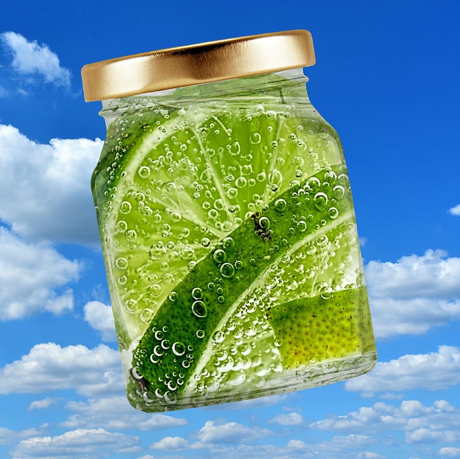 glass, refreshment, lime, bubble, drink, food and drink, sky, cloud - sky, green color, close-up